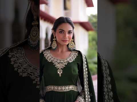 Green Designer Vichitra Silk Sequins Embroidered Gown with 3-Meter Flair & Matching Dupatta – Fully Stitched Festive & Wedding Wear