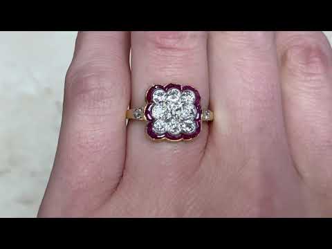 Edwardian Cushion Cut Diamond and Ruby 18k Yellow Gold on Platinum Ring - Lorraine Ring - Hand Video