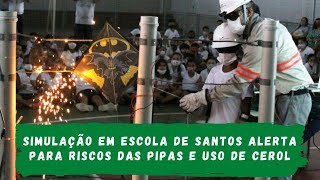 Simulação em escola de Santos alerta para riscos das pipas e uso de cerol
