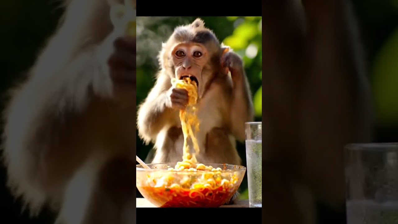 Monkey eats spicy noodles #monkey #animals #wildlife #eating