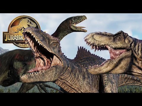 GIGANOTOSAURUS VS T-REX VS THERAZINOSAURUS FINAL BATTLE FIGHT | Jurassic World Dominion