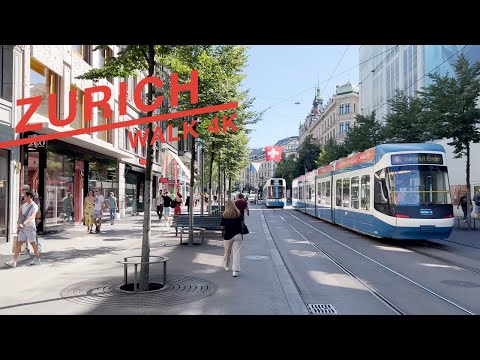 Passeio completo pela Zurich Bahnhofstrasse em um dia quente de verão (4K, HDR, 60 fps), julho de 2022