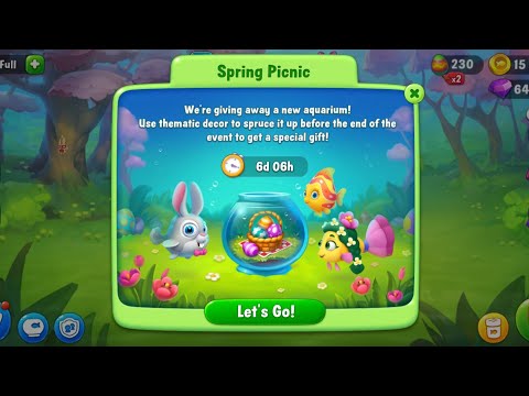 Fishdom gameplay of Spring Picnic holiday event, Seasonal "Spring Meadows" aquarium - Level 21 to 30