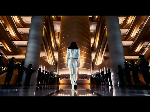 Ultraviolet trailer frame — Violet draws her sword in a white corridor, neon city behind — score imagery