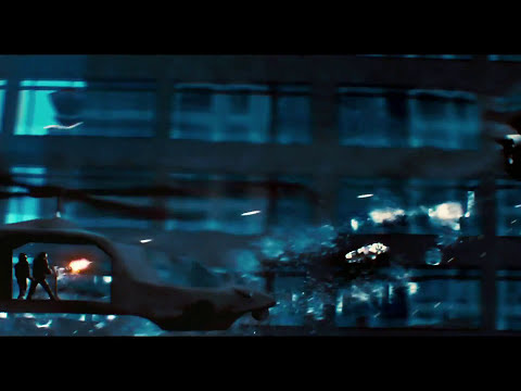 Action montage from the trailer — sword arcs, gun kata, and bike sprint in a neon tunnel