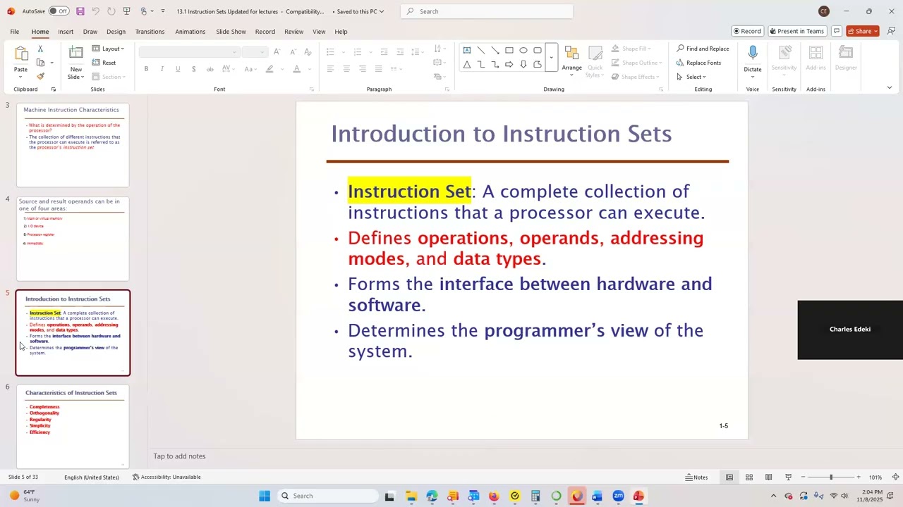 Computer Architecture: Instruction Sets: Characteristics and Functions, Instruction Types.