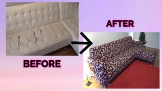 See how  I changed my torn leather sofa into a beautiful fabric sofa