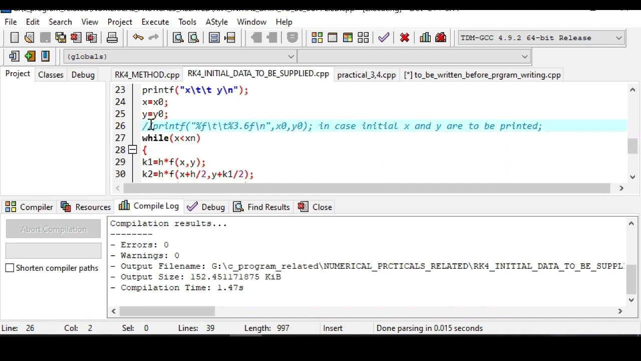 C Program Code for RK4 Method