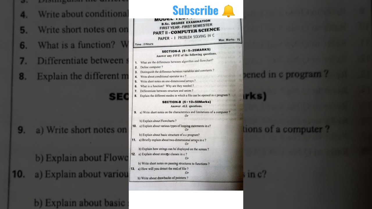 1st  sem computer model question paper *Problem solving in c* #bsccomputer #semester1 #degree