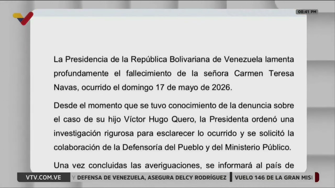 Presidencia de Venezuela lamenta muerte de Carmen Teresa Navas (Comunicado)