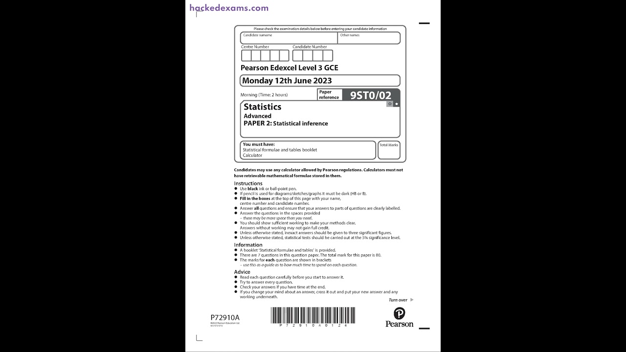 PEARSON EDEXCEL A LEVEL STATISTICS PAPER 2 2023 (9ST0/02: Statistical Inference)