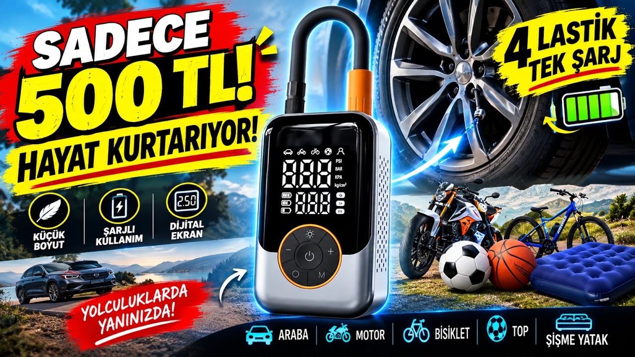 Arabanızda Mutlaka Bulunmalı! 500 TL'lik Taşınabilir Şarjlı Hava Pompası (Araba, Bisiklet, Top)