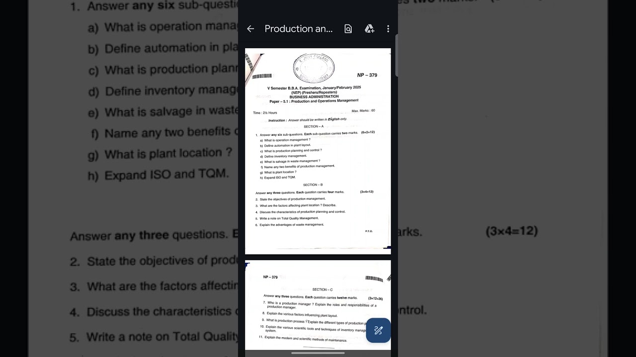 T JOHN BBA SEM-5 PRODUCTION & OPERATION MANAGEMENT QUESTION PAPER 2024