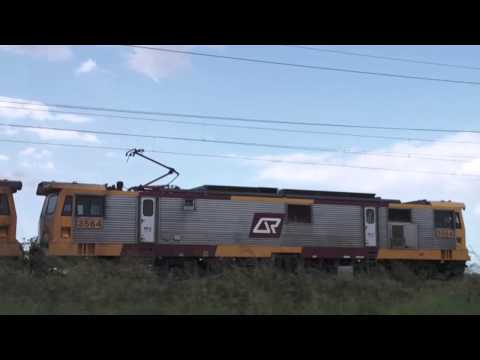 QR National coal train hauled by 3500 class locos at Mt Larcom, Qld. 24 Apr 2011.