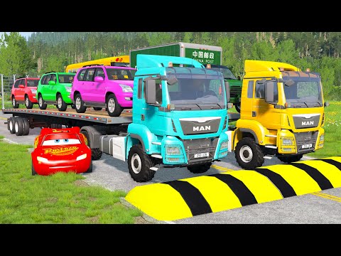 Double Flatbed Trailer Truck vs speed bumps|Busses vs speed bumps - McQueen |Beamng Drive #103
