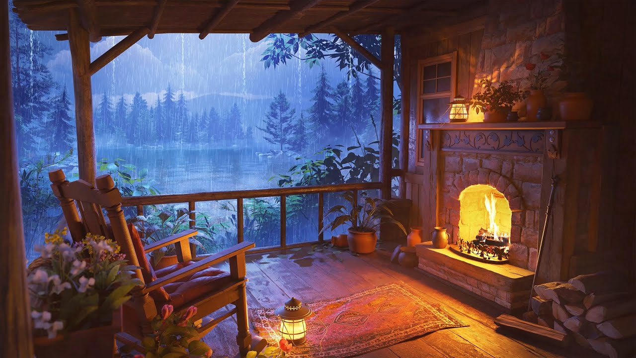 Relaxing Rain Sounds on Cabin Porch with Fireplace Sounds to Sleep, Relax, Rest, Study