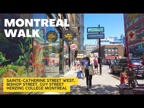 Linda caminhada em um dia ensolarado no centro de Montreal: Sainte-Catherine Street e Herzing College
