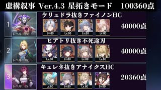 【崩壊スターレイル】虚構叙事　Ver4.3　星拓きモード　無課金　攻略　　100360点　限定記憶・愉悦なし　限定低凸　ファイノン　不死途　千冶・刃　アナイクス