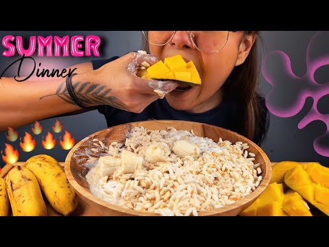 COOKING & EATING DUDH MURI WITH FRUITS | DUDH MURI WITH AAM 🥭 & BANANA 🍌| EATING SIMPLE TASTY DINNER