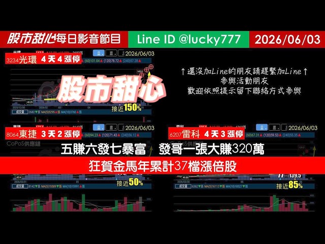 0603【甜心盤後節目】【５日設訊讓你親眼見證會員賺不停的喜悅】賀金馬年累計37檔長輩股，五賺六發七暴富發哥一張大賺320萬！