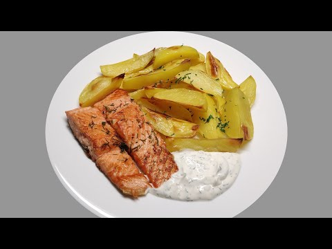 Losos s pečenými bramborami a koprovým dipem