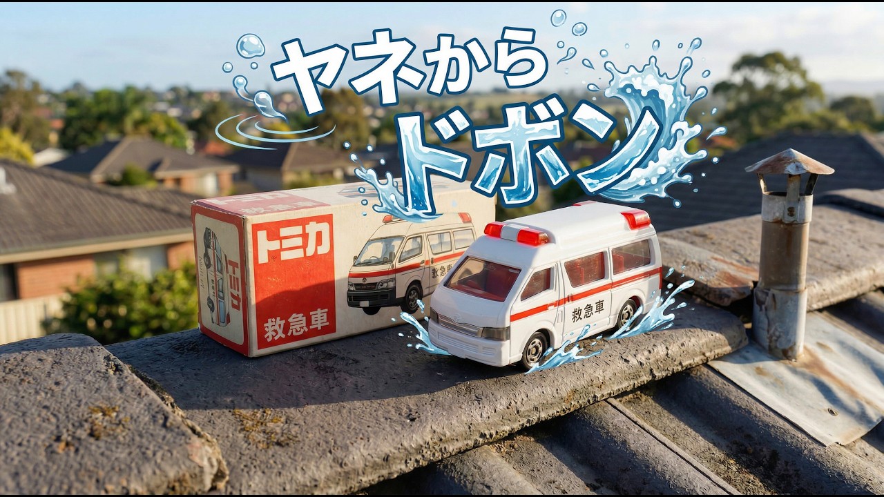 やねからダイブ🚗💦】はたらく車が池にジャンプ！消防車・救急車・ダンプカー大集合トミカレース Epic Toy Car Jump & Splash 🚗  #はたらく車