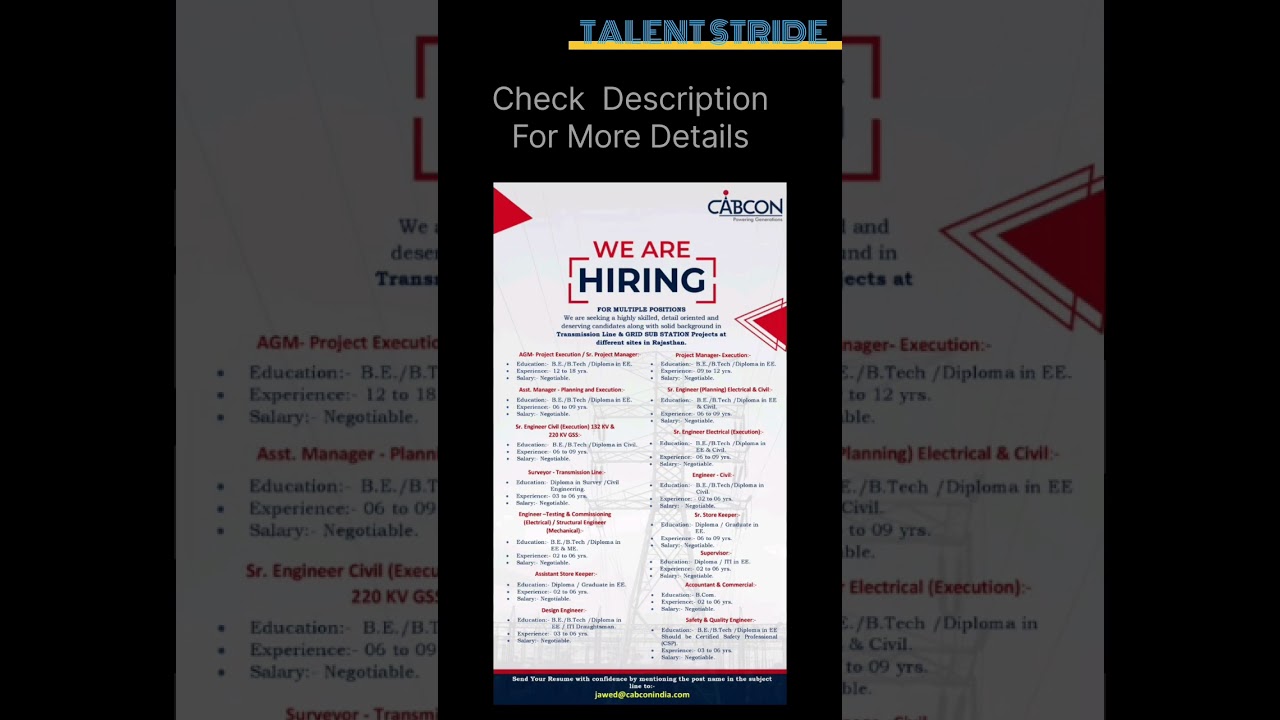 🌟 Exciting Job Openings at Cabcon India |  #EngineeringJobs2025 #CivilEngineering #ElectricalJobs !