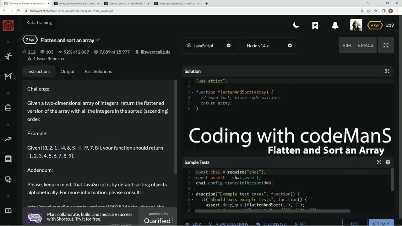 Codewars 7 kyu Flatten and Sort an Array JavaScript