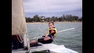 preview picture of video 'Eoin's first sail on 11ft Arafura Cadet F12 Catamaran.wmv'