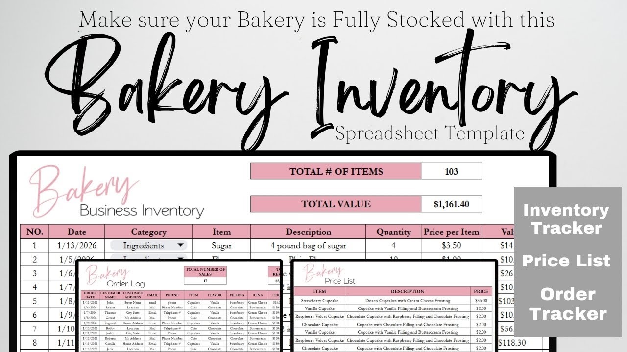 Bakery Inventory Tracker, Bakery Business Stock Tracking System, Cake, Cupcake Google Sheet Excel