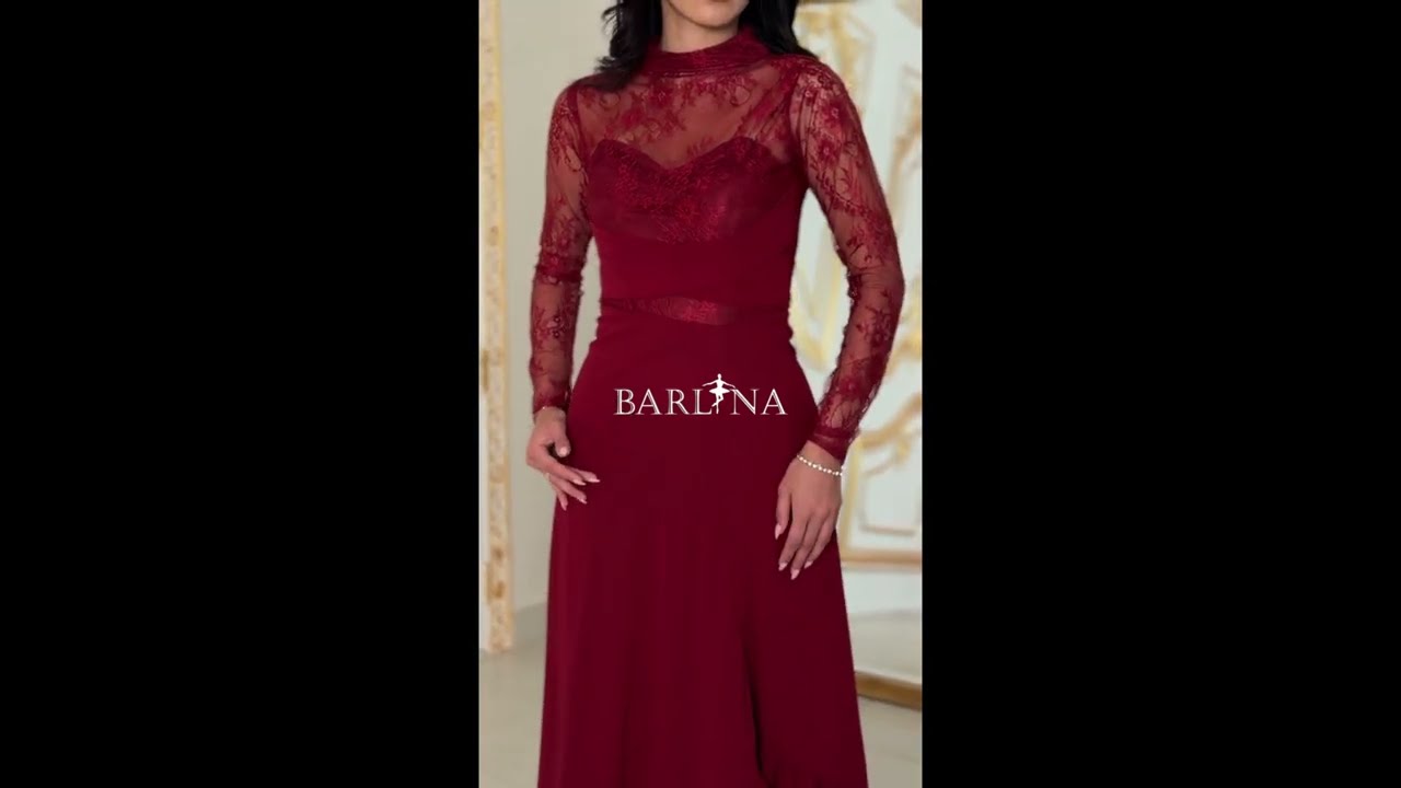 Burgundy midi dress with lace sleeves - L