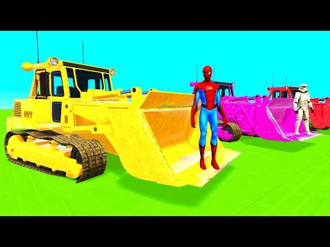 Learn Color BULLDOZER & CARS Superheroes Helicopter Spiderman Cartoon for Kids and Children