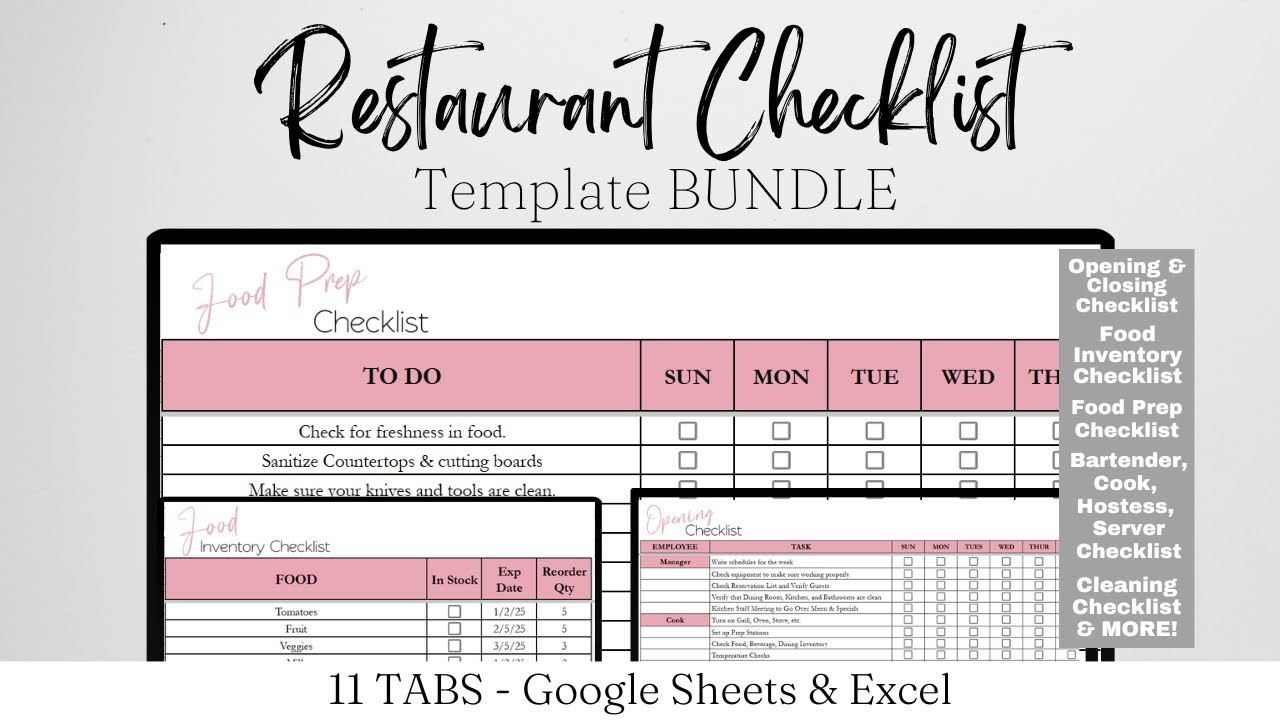 Restaurant Checklist Template Bundle Editable Restaurant Templates Google Sheets Employee Check List