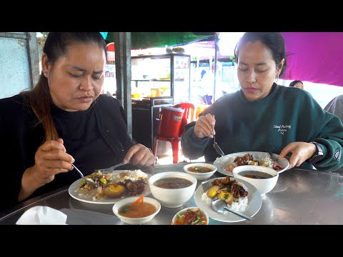 Pork rice with duck eggs for breakfast - $1.25 for a bowl - Kampot Street Food