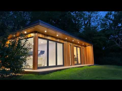 Home Office and Workshop Garden Room in Tadworth, Surrey. 8m wide x 3.75m Deep, Evening Shoot