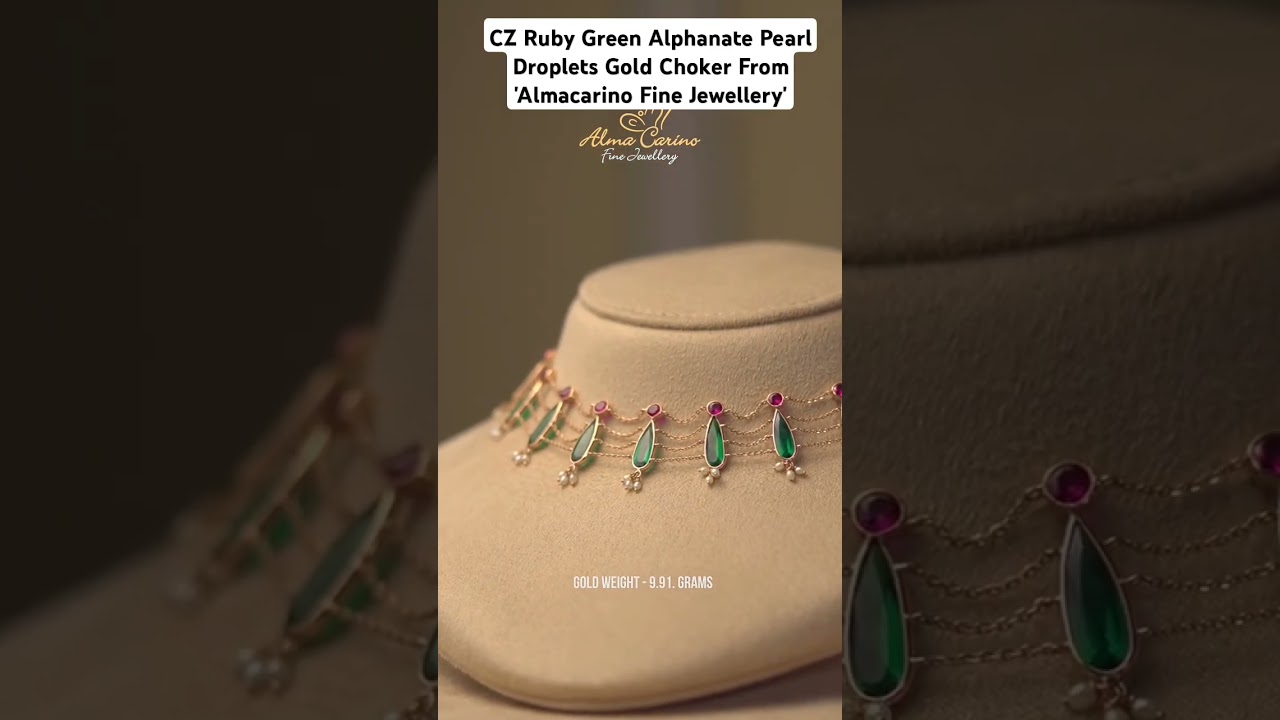 CZ Ruby Green Alphanate Pearl Droplets Gold Choker From 'Almacarino Fine Jewellery'