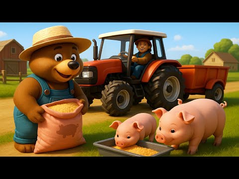 Farm Work: Bear Farmer Cares for Pigs, Transports Food by Tractor