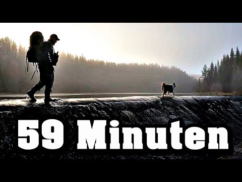 59 Minuten: Mit dem Hund Fluss überqueren, Feuer und Kaffee machen, Steak braten, Biwak einrichten.
