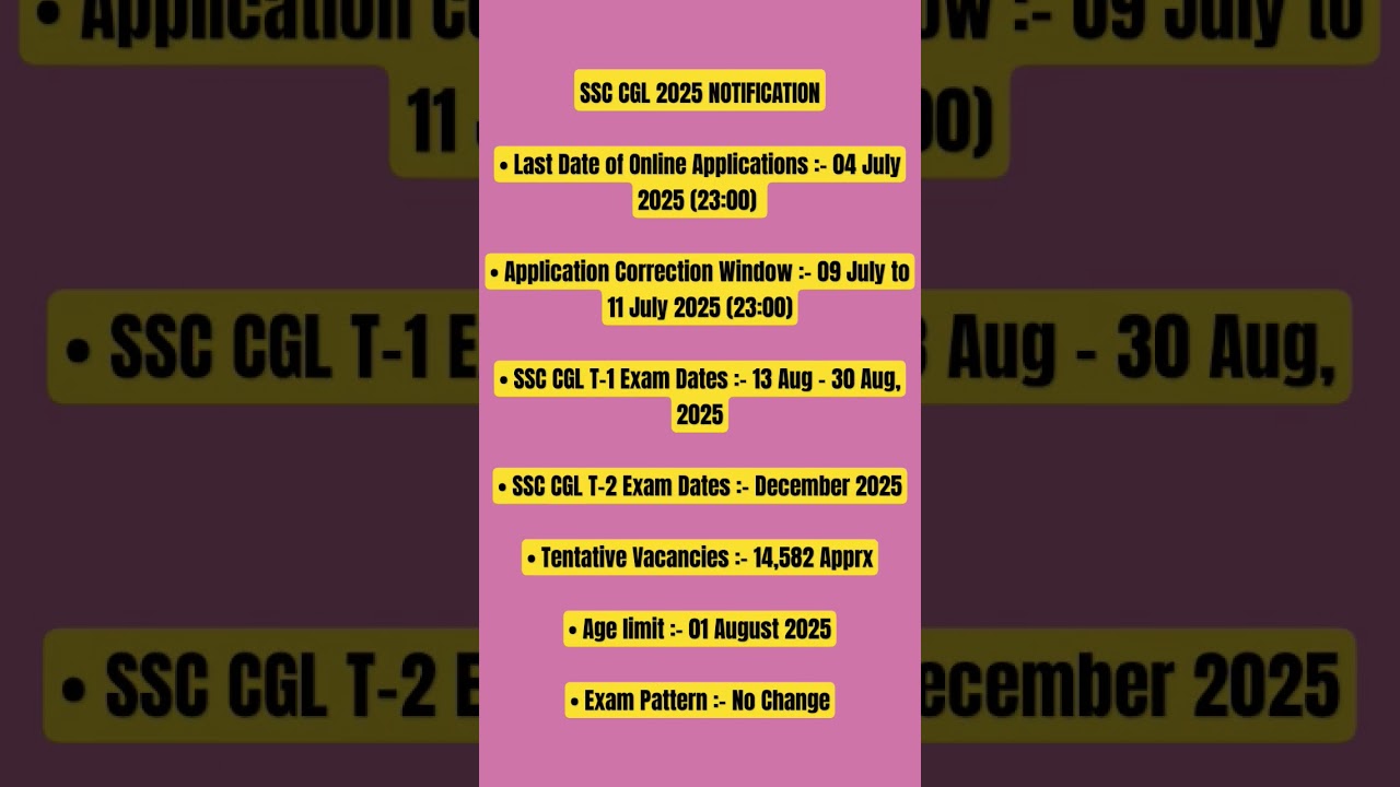 SSC CGL 2025 NOTIFICATION• Last Date of Online Applications :- 04 July 2025 #ssc #shorts
