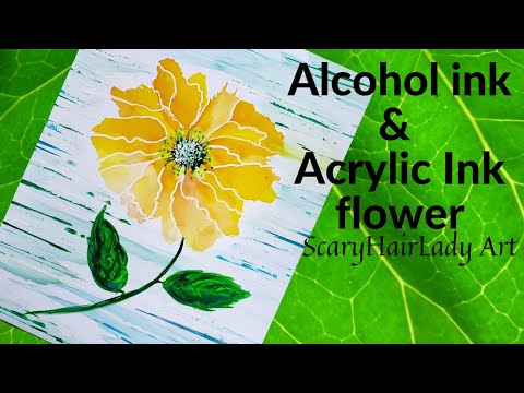168  Alcohol ink and Acrylic ink flower & leaves with abstract background how to tutorial