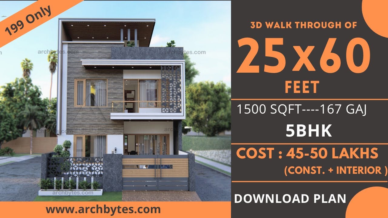 25x60 House Design 3D | 1500 Sqft | 167 Gaj | 5 BHK | Modern Design | Swimming Pool | 8x18 Meters
