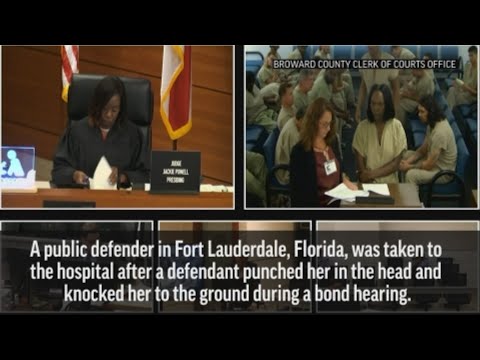 A public defender was taken to the hospital after a defendant in court punched her in the head and knocked her to the ground during a bond court hearing in Fort Lauderdale, Florida. (Mar. 27)