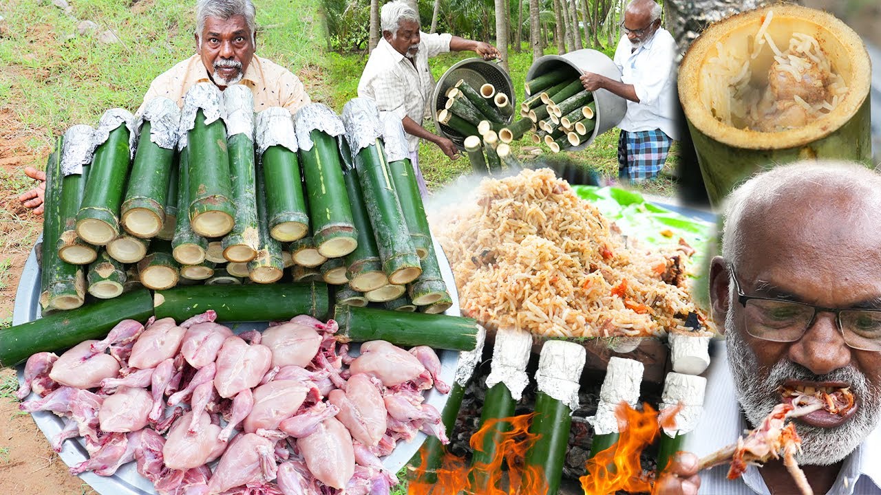 BAMBOO CHICKEN BRIYANI | Briyani inside the Bamboo | Dad's Cooking Huge Bamboo Briyani in Village
