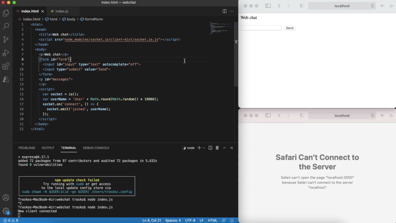 Browser web chat in 5 minutes - node.js, express, socket.io - 5minsofcode.com