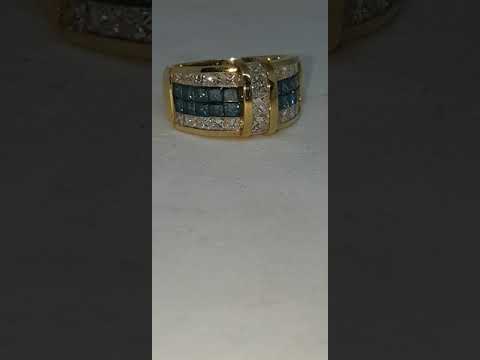 18kt Yellow Gold Caribbean Blue & White Diamond Ring , Princess Cut Invisible Set