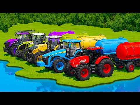 LAMBORGHINI vs JOHN DERRE vs FENDT vs CLAAS vs JCB TRACTORS BATTLE WITH WATER TANKS - FS22