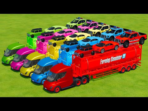 TRANSPORTING BUGATTI CHIRON, POLICE FORD RAPTOR & MINI WITH TESLA TRUCKS - Farming Simulator 22