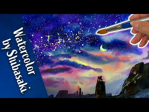 Watercolor Starry Night Demonstration  水彩画 星空の描き方