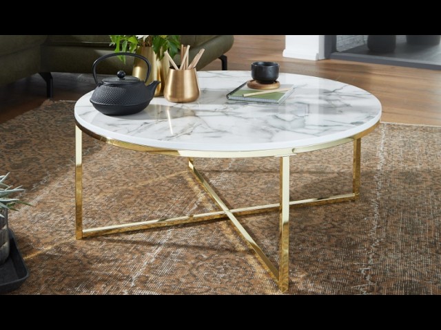 Video teaser for FineBuy Design Couchtisch Marmor Optik Wohnzimmertisch Ø 80 cm Tisch Rund Metall