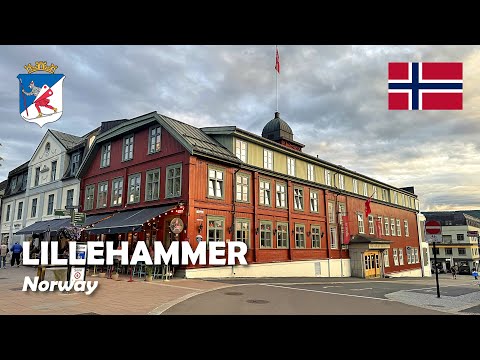 Lillehammer, Norway. Evening walk in the city center. 4K